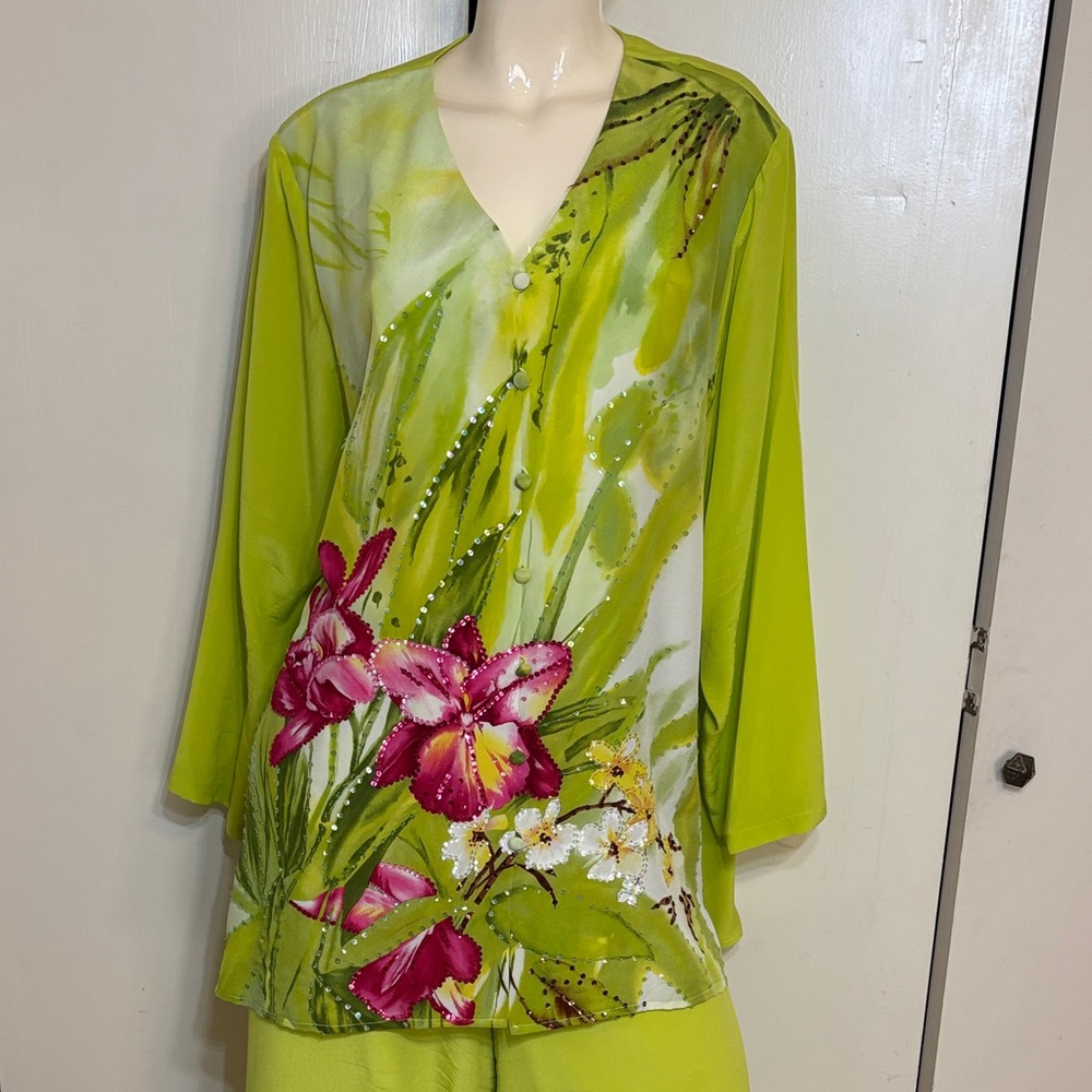 Diane Gilman Vintage 100% Silk Tiger Lily 2 Piece Pant Suit Set 3X - Picture 2 of 16